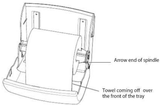 Arrow end of spindle Towel coming off over the front of the tray