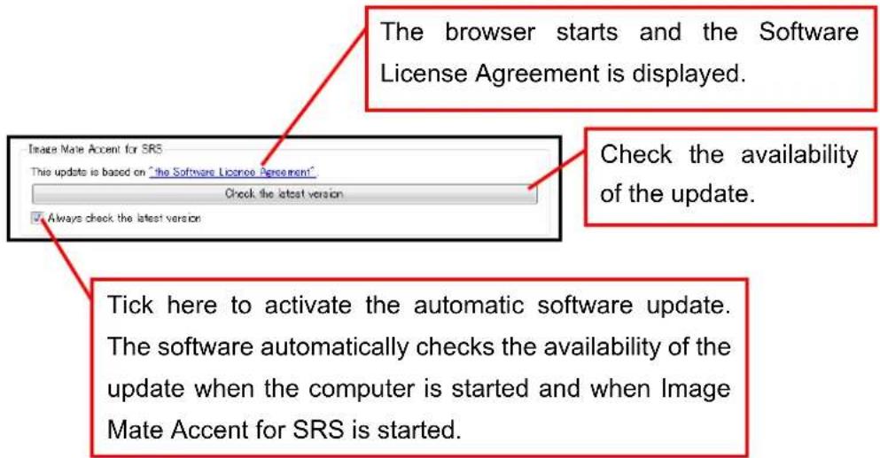 The browser starts and the Software License Agreement is displayed. Check the availability of the update. Tick here to activate the automatic software update. The software automatically checks the availability of the update when the computer is started and when Image Mate Accent for SRS is started.