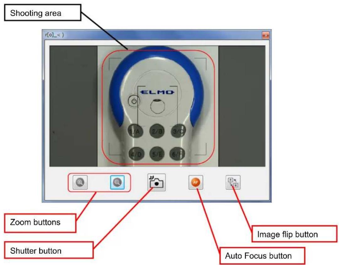 Shooting area r[o]_< ) Zoom buttons Shutter button ELMO 1/A 2/B 3/C 4/D 5/E 6/F Image flip button Auto Focus button