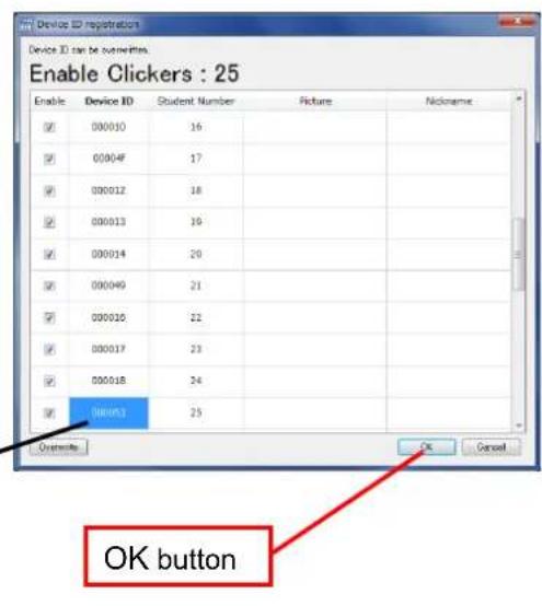 Device ID Registration Device ID can be putterm. Enable Clickers : 25 Enable Device ID Student Number Picture Nickname 000010 16 00004F 17 000012 18 000013 19 000014 20 000040 21 000010 22 000017 23 000018 24 000053 25 OK button