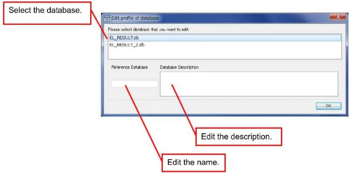 Select the database. Edit profile of database Please select database that you want to edit. EL_RESULT.db EL_RESULT_2.db Reference Database Database Description Edit the description. Edit the name.