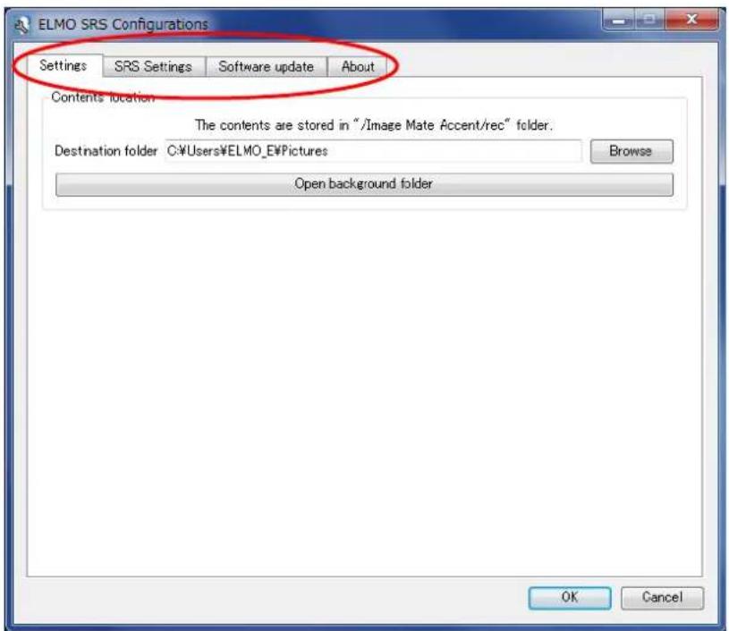ELMO SRS Configurations Settings SRS Settings Software update About Contents location The contents are stored in "/Image Mate Accent/rec" folder. Destination folder C:\Users\ELMO_EWPictures Browse Open background folder OK Cancel
