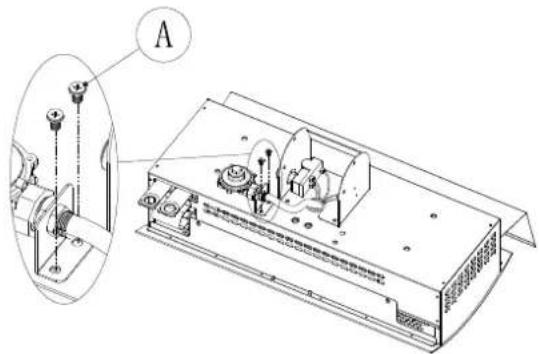 Technical line drawing of an electronic device with labeled component A, showing internal components and mounting brackets (no text or symbols beyond label)