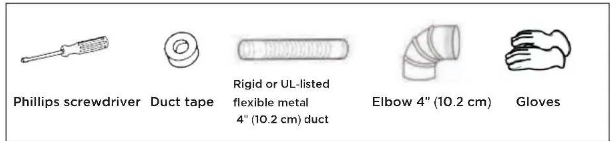 Phillips screwdriver Duct tape Rigid or UL-listed flexible metal 4" (10.2 cm) duct Elbow 4" (10.2 cm) Gloves