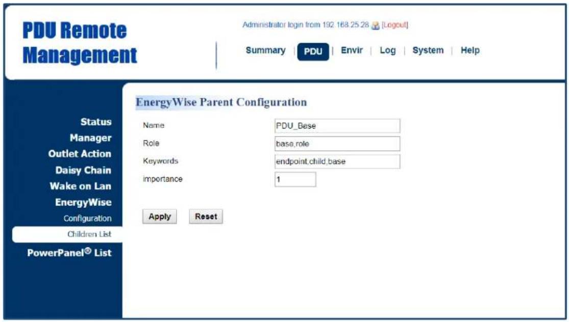 PDU Remote Management Administrator login from 192 168.25.28 [Logout] Summary | PDU | Envir | Log | System | Help EnergyWise Parent Configuration Status Manager Outlet Action Daisy Chain Wake on Lan EnergyWise Configuration Children List PowerPanel® List Name PDU_Base Role base,role Keywords endpoint,child,base Importance 1 Apply Reset