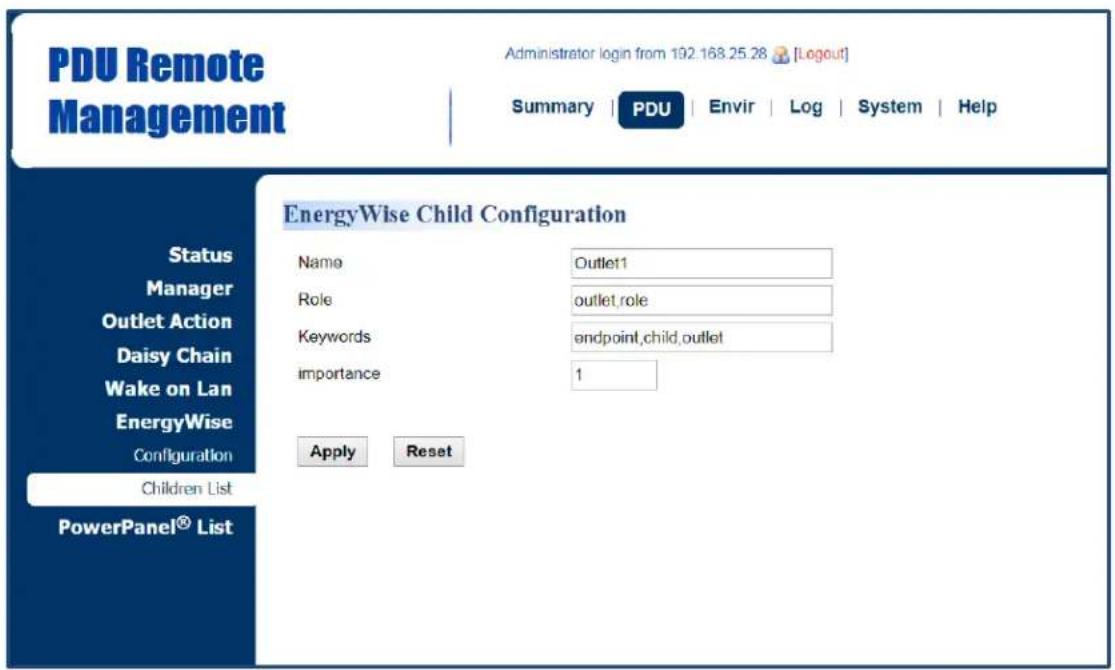 PDU Remote Management Administrator login from 192.168.25.28 [Logout] Summary | PDU | Envir | Log | System | Help EnergyWise Child Configuration Status Manager Outlet Action Daisy Chain Wake on Lan EnergyWise Configuration Children List PowerPanel® List Name Outlet11 Role outlet,role Keywords endpoint,child,outlet Importance 1 Apply Reset