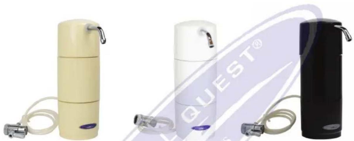 Three different water purifiers with attached tubing, shown from different angles (no visible text or symbols)