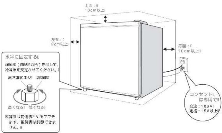 上面:0 10cm以上 左右:0 2cm以上 水平に固定するU 調節脚(前側2カ所)を回して、 冷凍庫を安定させてください。I 高さ調節ネジ 調節脚 高くなるI 低くなるI ※調節は前側脚2ケ所でできます。後側脚は調節できません。II 背面:0 10cm以上 コンセント」 は専用でII 交流:10.0VII 定格:15A以上