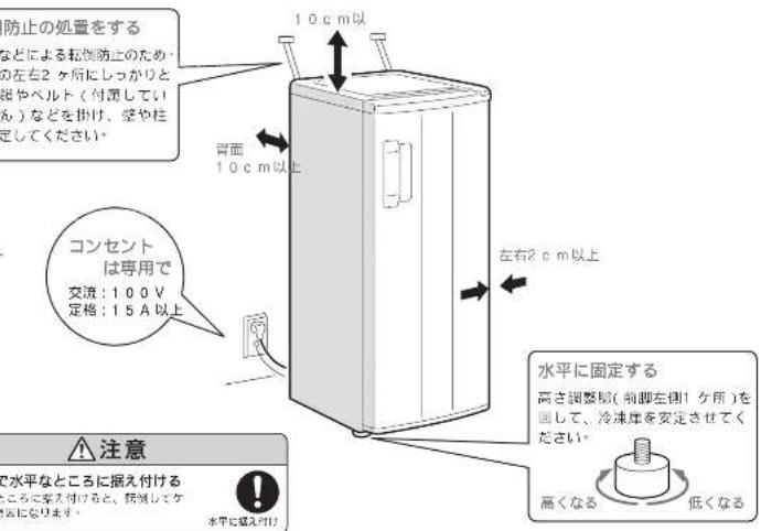 防止の処置をする などによる乾燥防止のため の左右2ヶ所にしっかり 拡やベルト(付属してい る)などを掛け、壁や柱 定してください。 10cm以上 背面 10cm以上 コンセント は専用で 交流:100V 定格:15A以上 左右2cm以上 水平に固定する 高さ調整頭(前脚左側1ヶ所)を 回して、冷凍庫を安定させてく ださい。 高くなる 低くなる 注意 水平に戻え付け にごまえ付けると、乾燥してケ 気になります。