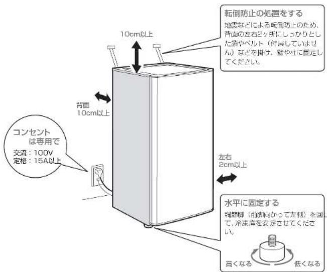 10cm以上 背面 10cm以上 コンセント は専用で 交流:100V 定格:15A以上 転倒防止の処置をする 地震などによる転倒防止のため、 背面の左右2ヶ所にしうかりとし した鎖やベルト(付属していません)などを掛け、壁や柱に固定し てください。 左右 2cm以上 水平に固定する 晴霧脚(前側向かって方向)を図 て、冷凍室を安定させてください。 高くなる 低くなる