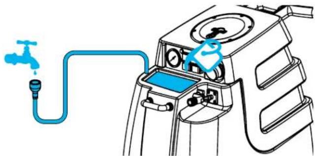 Illustration of a water pump connected to a car intake unit with a blue valve and fan (no text or symbols)