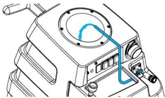 Technical line drawing of a mechanical device with a blue cable and adjustment knob (no text or symbols)