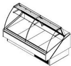 Isometric line drawing of a rectangular container with curved glass panels (no text or symbols)