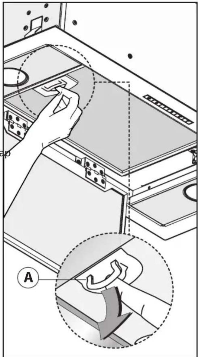 Technical diagram showing a hand operating a device with labeled components and a magnified view of the component being turned into a curved arrow.