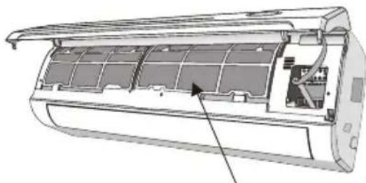 Technical line drawing of an air conditioner unit showing internal panel structure (no text or symbols).
