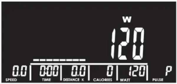 W 120 120 0.0 | 0:00 | 0.0 | 0 | 120 | P SPEED TIME DISTANCE K CALORIES WATT PULSE
