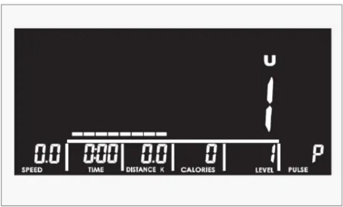 0.0 | 0:00 | 0.0 | 0 | 1 | P SPEED TIME DISTANCE K CALORIES LEVEL PULSE