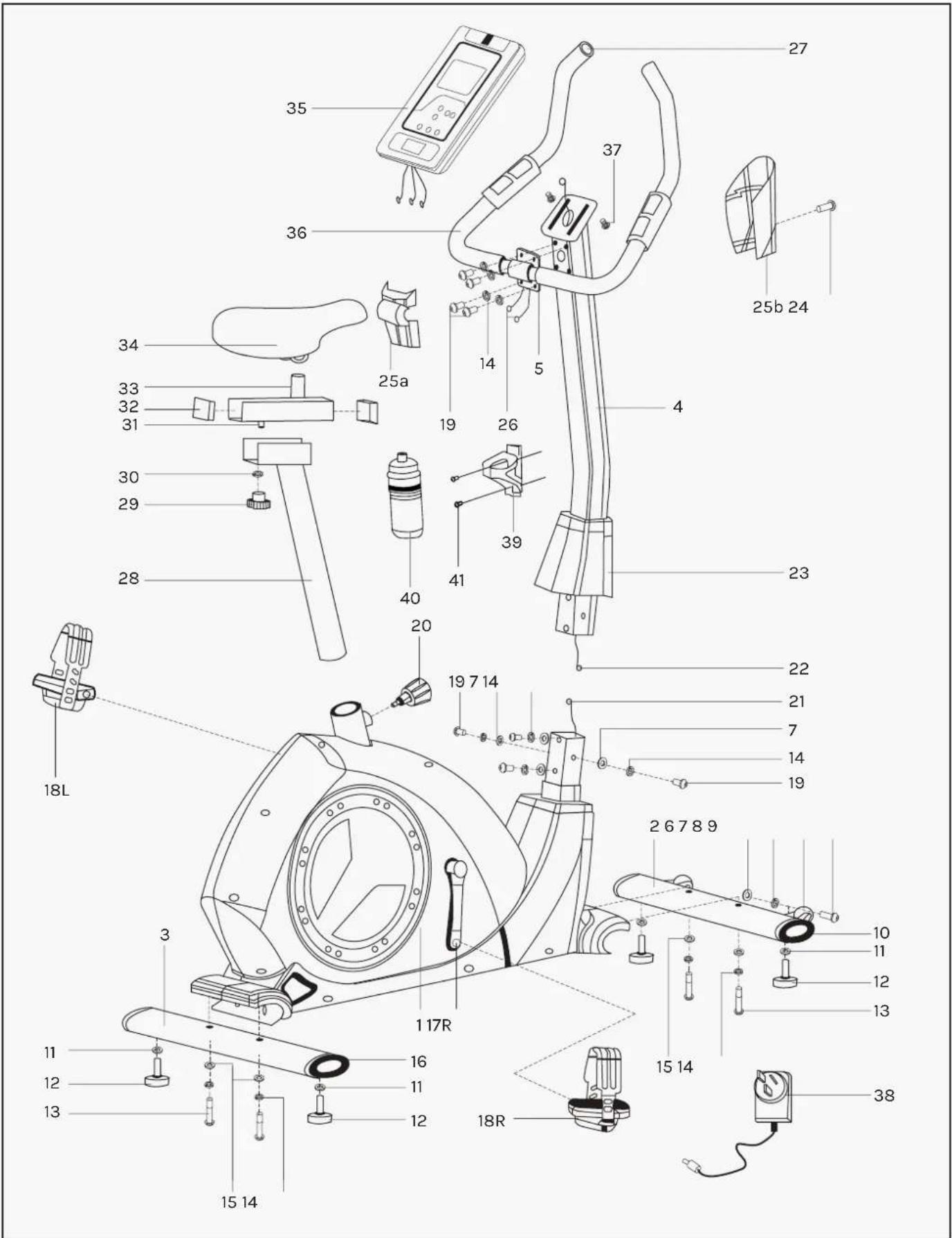 Exploded view diagram of a stationary exercise machine with numbered parts and labeled connectors