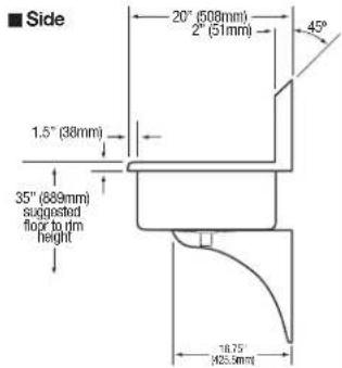 Side 20" (508mm) 2" (51mm) 45" 1.5" (38mm) 35" (689mm) suggested floor to rim height 18.75" H25.5mm