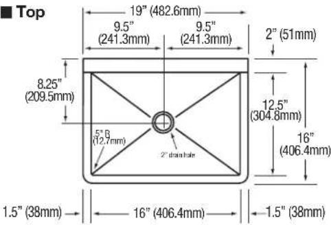Top 19" (482.6mm) 9.5" (241.3mm) 9.5" (241.3mm) 2" (51mm) 8.25" (209.5mm) 12.5" (304.8mm) 16" (406.4mm) 5" (12.7mm) 2" drain hole 1.5" (38mm) 16" (406.4mm) 1.5" (38mm)
