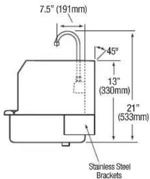 7.5" (191mm) 45° 13" (330mm) 21" (533mm) Stainless Steel Brackets