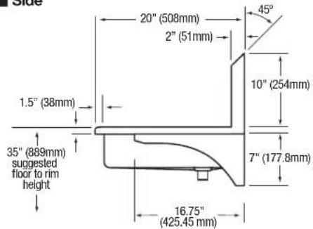 Side 20" (508mm) 45° 2" (51mm) 1.5" (38mm) 10" (254mm) 35" (889mm) suggested floor to rim height 7" (177.8mm) 16.75" (425.45 mm)