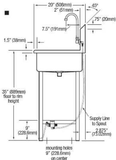 20" (508mm) 2" (51mm) 45° 75" (20mm) 7.5" (191mm) 1.5" (38mm) 35" (889mm) floor to rim height 9" (228.6mm) supply Line to Spout 2.875" (73.02mm) mounting holes 9" (228.6mm) on center