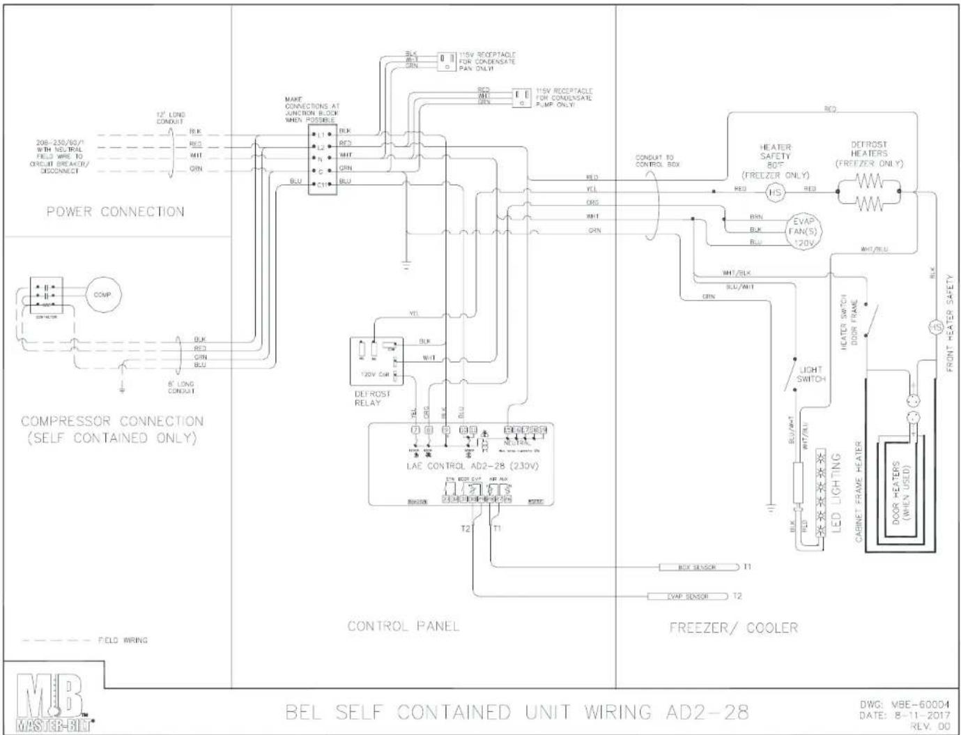 POWER CONNECTION COMPRESSOR CONNECTION (SELF CONTAINED ONLY) CONTROL PANEL FREEZER/ COOLER BEL SELF CONTAINED UNIT WIRING AD2-28 DWG: VBE-60004 DATE: 8-11-2017 REV. 00