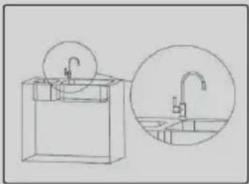 Line drawing of a kitchen sink with a circular component and an inset showing the exterior view (no text or symbols)