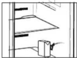 Simple line drawing of a cabinet or shelf with a box and ruler, no text or symbols present.
