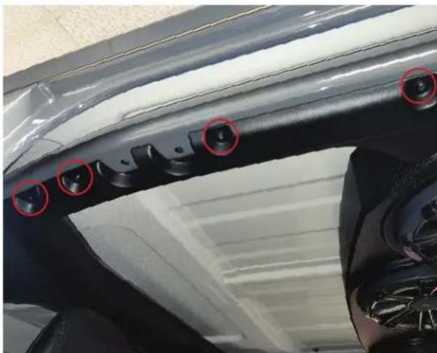 Close-up of a car's side panel with red circular markers highlighting specific points of interest (no text or symbols visible)