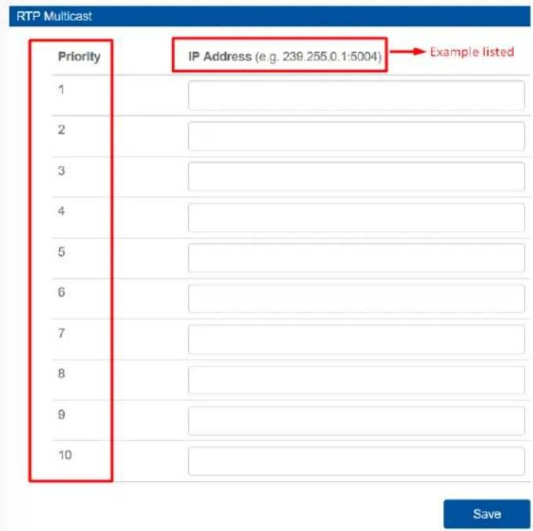 RTP Multicast Priority IP Address (e.g. 239.255.0.1:5004) → Example listed 1 2 3 4 5 6 7 8 9 10 Save