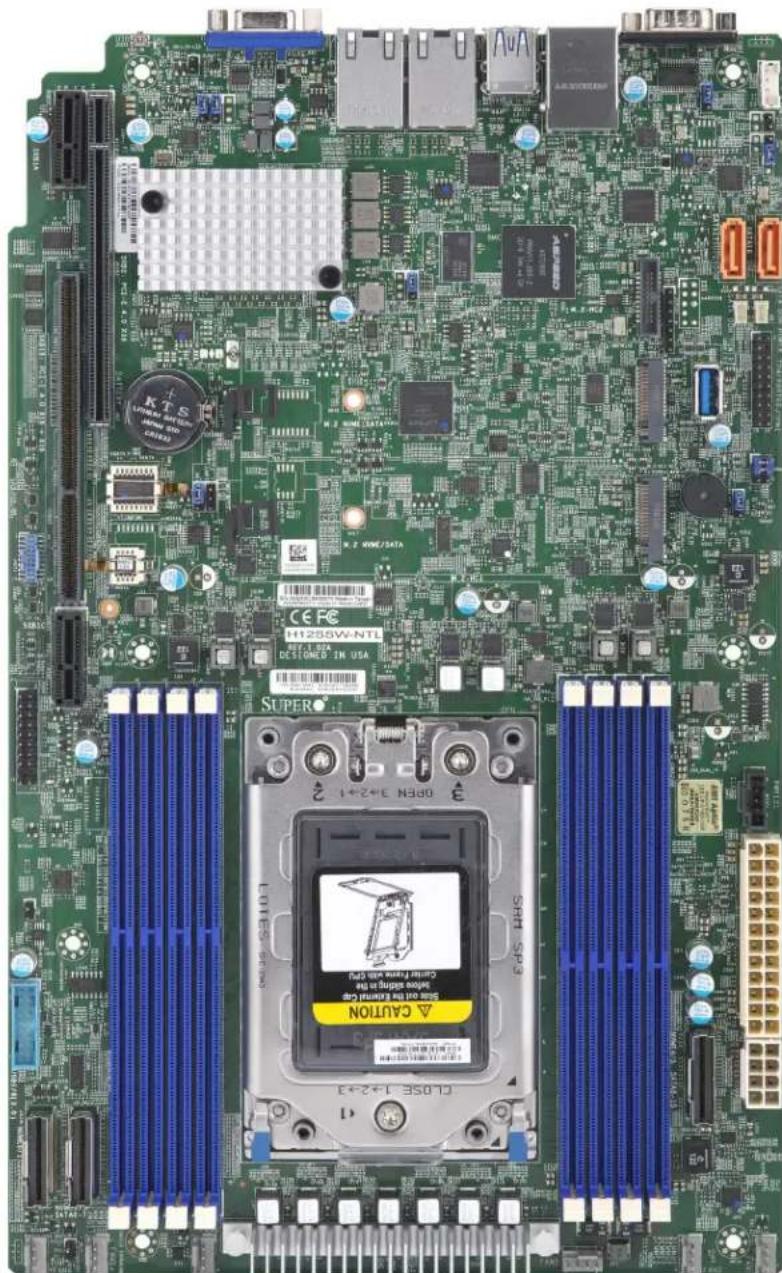 Top-down view of a green computer motherboard with visible CPU socket, RAM slots, and various electronic components (no readable text or symbols)