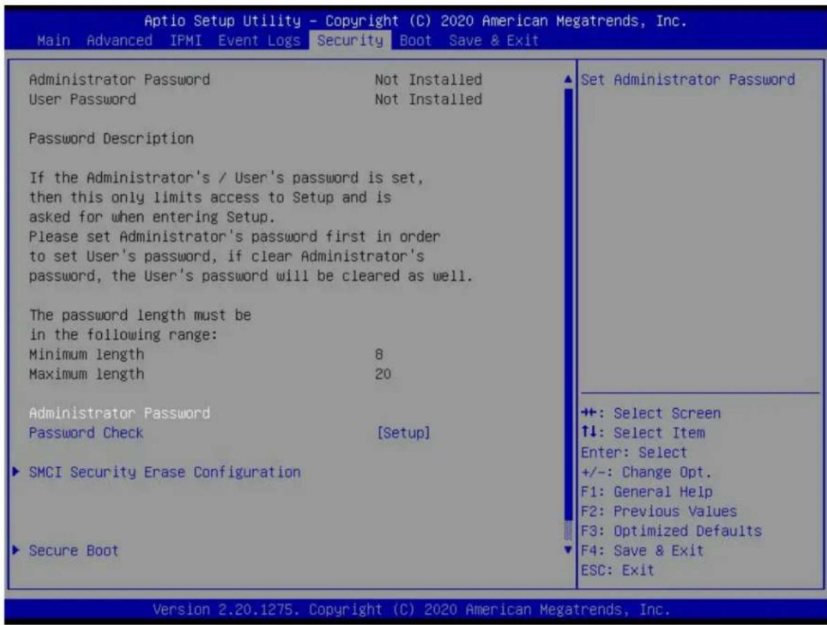 Aptio Setup Utility - Copyright (C) 2020 American Megatrends, Inc. Main Advanced IPMI Event Logs Security Boot Save & Exit Administrator Password Not Installed User Password Not Installed Password Description If the Administrator's / User's password is set, then this only limits access to Setup and…