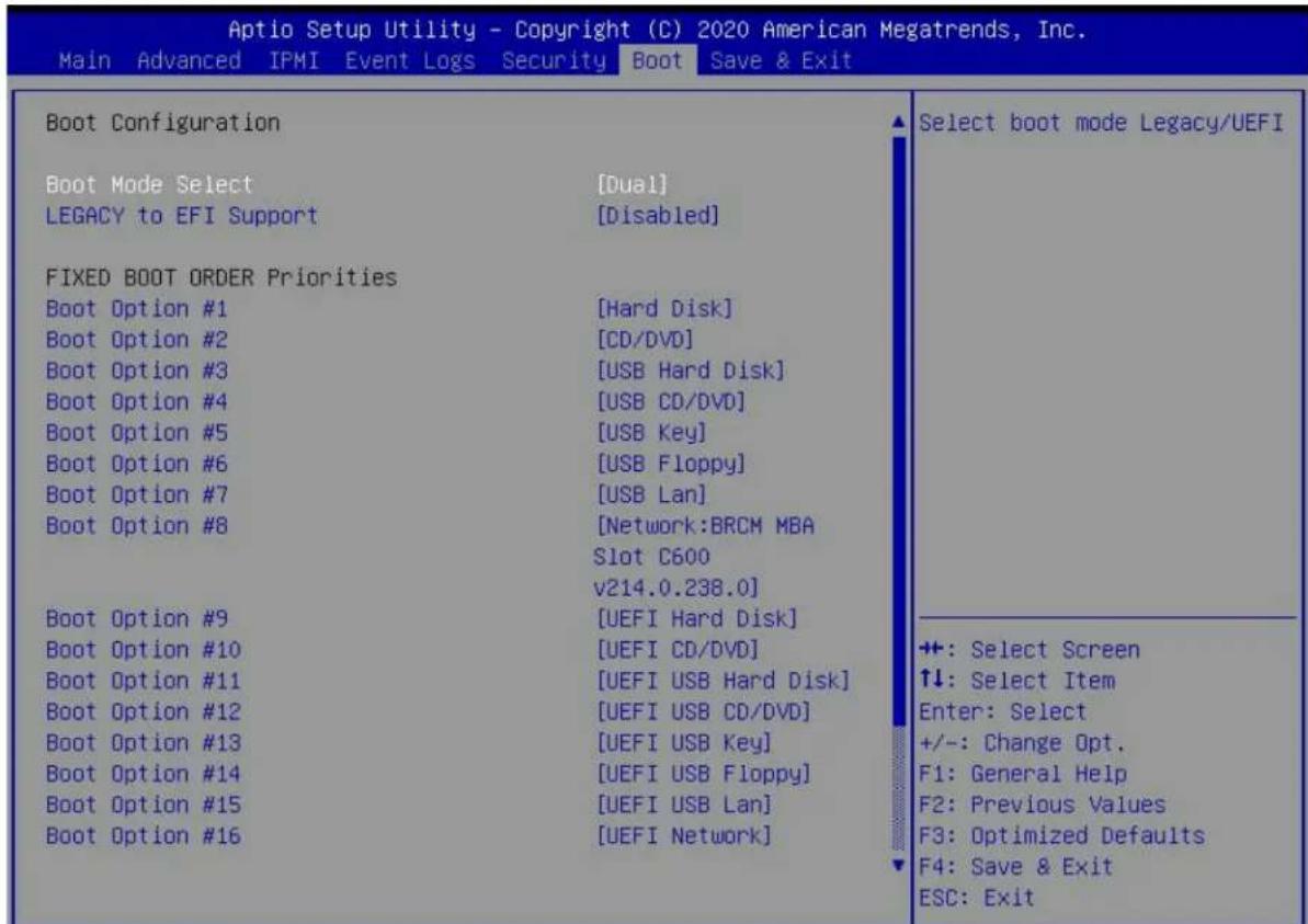 Aptio Setup Utility - Copyright (C) 2020 American Megatrends, Inc. Main Advanced IPMI Event Logs Security Boot Save & Exit Boot Configuration Boot Mode Select [Dual] LEGACY to EFI Support [Disabled] FIXED BOOT ORDER Priorities Boot Option #1 [Hard Disk] Boot Option #2 [CD/DVD] Boot Option #3 [USB Ha…