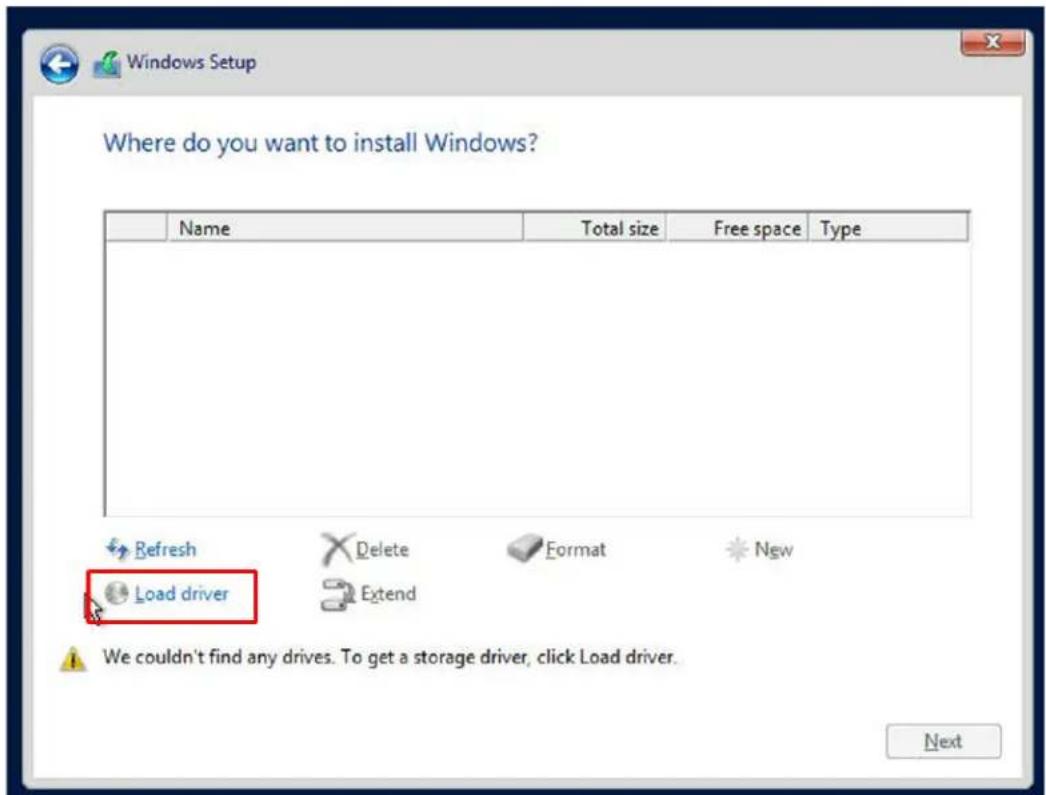 Where do you want to install Windows? Name Total size Free space Type Refresh Delete Format New Load driver Extend We couldn't find any drives. To get a storage driver, click Load driver. Next