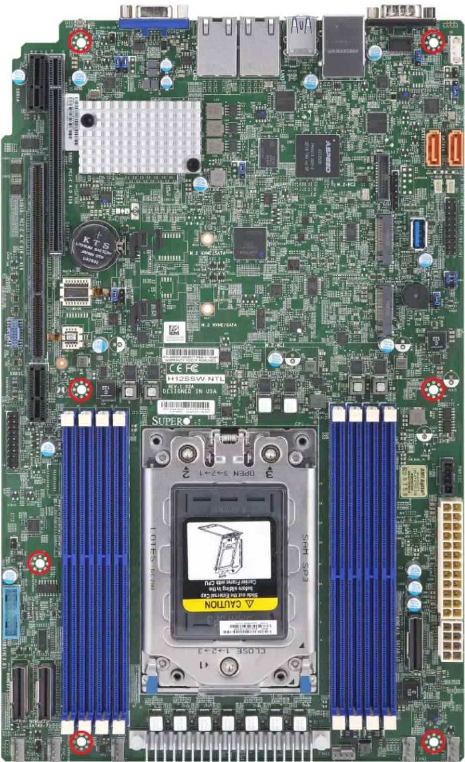Close-up of a computer motherboard with visible component labels and annotations, including CPU socket, memory chips, and CD-ROM.