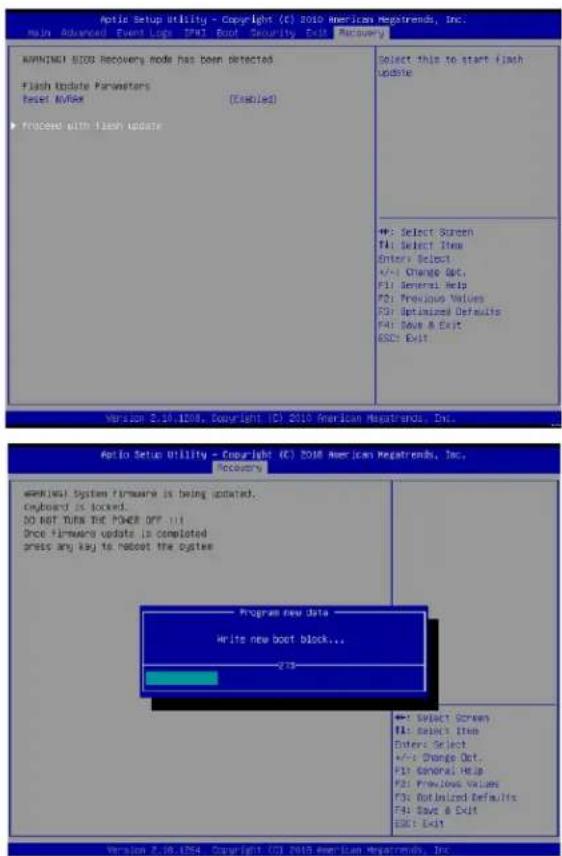 Aptio Setup Utility - Copyright (C) 2010 Americas Megatrends, Inc. Main Advanced Event Logs Help Back Security Exit Recovery WARNING! BIOS Recovery mode has been detected Flash Update Parameters Reset Number [Enabled] > proceed with flash update Select this to start flash update +P: Select Screen F1…