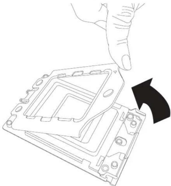 Line drawing of a hand placing a computer chip into a housing component (no text or symbols)