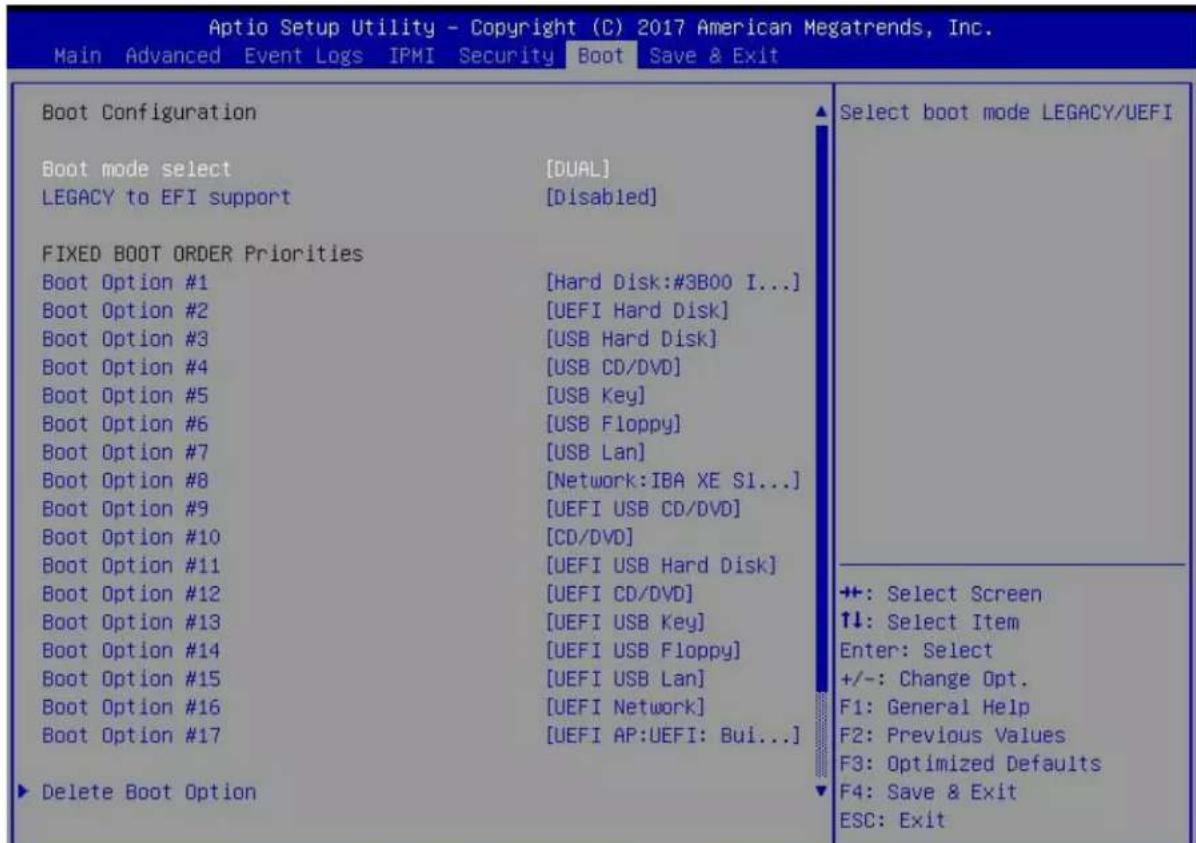 Aptio Setup Utility - Copyright (C) 2017 American Megatrends, Inc. Main Advanced Event Logs IPMI Security Boot Save & Exit Boot Configuration Boot mode select [DUAL] LEGACY to EFI support [Disabled] FIXED BOOT ORDER Priorities Boot Option #1 [Hard Disk:#3B00 I...] Boot Option #2 [UEFI Hard Disk] Boot Option #3 [USB Hard Disk] Boot Option #4 [USB CD/DVD] Boot Option #5 [USB Key] Boot Option #6 [USB Floppy] Boot Option #7 [USB Lan] Boot Option #8 [Network:IBA XE S1...] Boot Option #9 [UEFI USB CD/DVD] Boot Option #10 [CD/DVD] Boot Option #11 [UEFI USB Hard Disk] Boot Option #12 [UEFI CD/DVD] Boot Option #13 [UEFI USB Key] Boot Option #14 [UEFI USB Floppy] Boot Option #15 [UEFI USB Lan] Boot Option #16 [UEFI Network] Boot Option #17 [UEFI AP:UEFI: Bui...] ► Delete Boot Option ▲ Select boot mode LEGACY/UEFI ++: Select Screen ↑↓: Select Item Enter: Select +/-: Change Opt. F1: General Help F2: Previous Values F3: Optimized Defaults F4: Save & Exit ESC: Exit