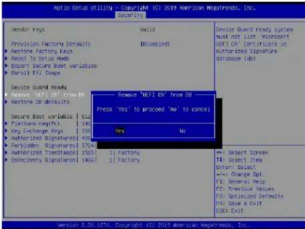 Supermicro X11DPFF-SNR - ▶Remove 'UEFI CA' from DB (available when the system is not in Device Guard Ready) - 1
