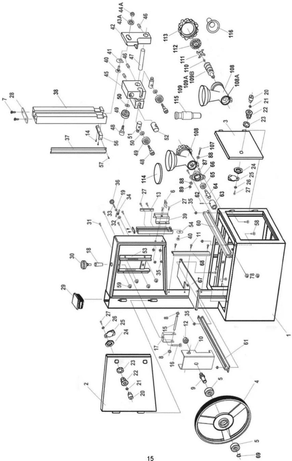Exploded view diagram of a mechanical device with numbered components and exploded view