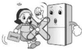 Cartoon illustration of a child running away from a refrigerator with a surprised face (no text or symbols)