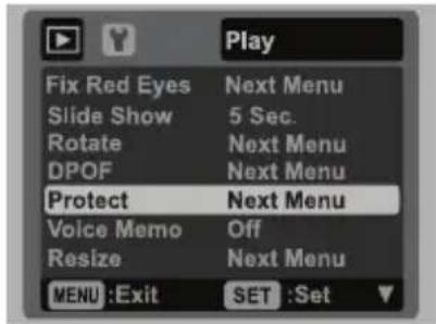 Play Fix Red Eyes Next Menu Slide Show 5 Sec. Rotate Next Menu DPOF Next Menu Protect Next Menu Voice Memo Off Resize Next Menu MENU :Exit SET :Set
