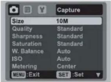 Capture Size 10M Quality Standard Sharpness Standard Saturation Standard W. Balance Auto ISO Auto Metering Center MENU :Exit SET :Set