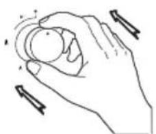 Line drawing of a hand holding a circular object with directional arrows indicating motion (no text or symbols)