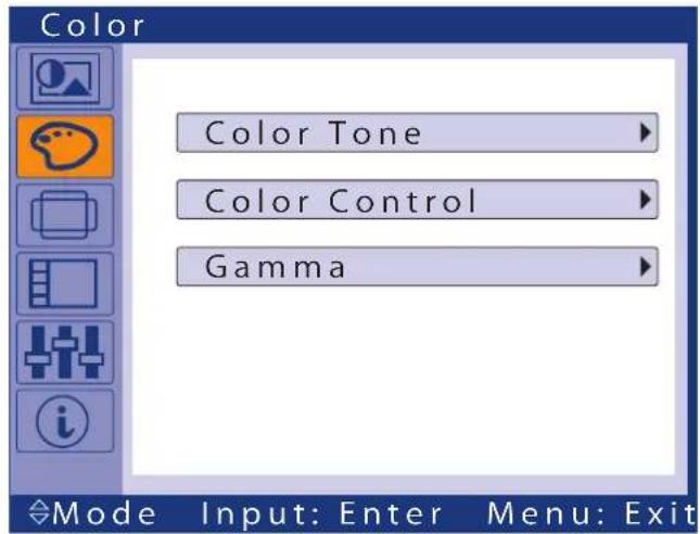 Color Color Tone Color Control Gamma Mode Input: Enter Menu: Exit