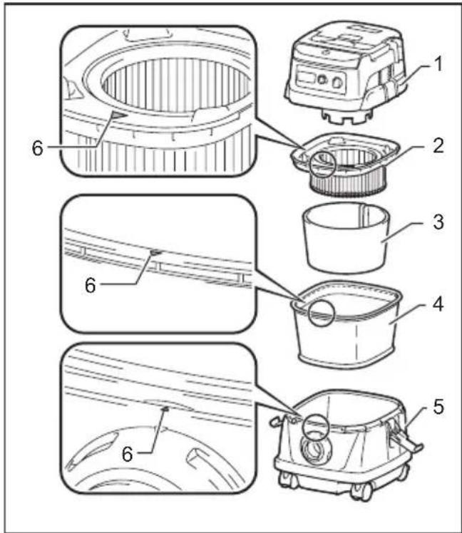 MAKITA XCV25 - Installing the powder filter (HEPA) and prefilter (for dry dust) - 1