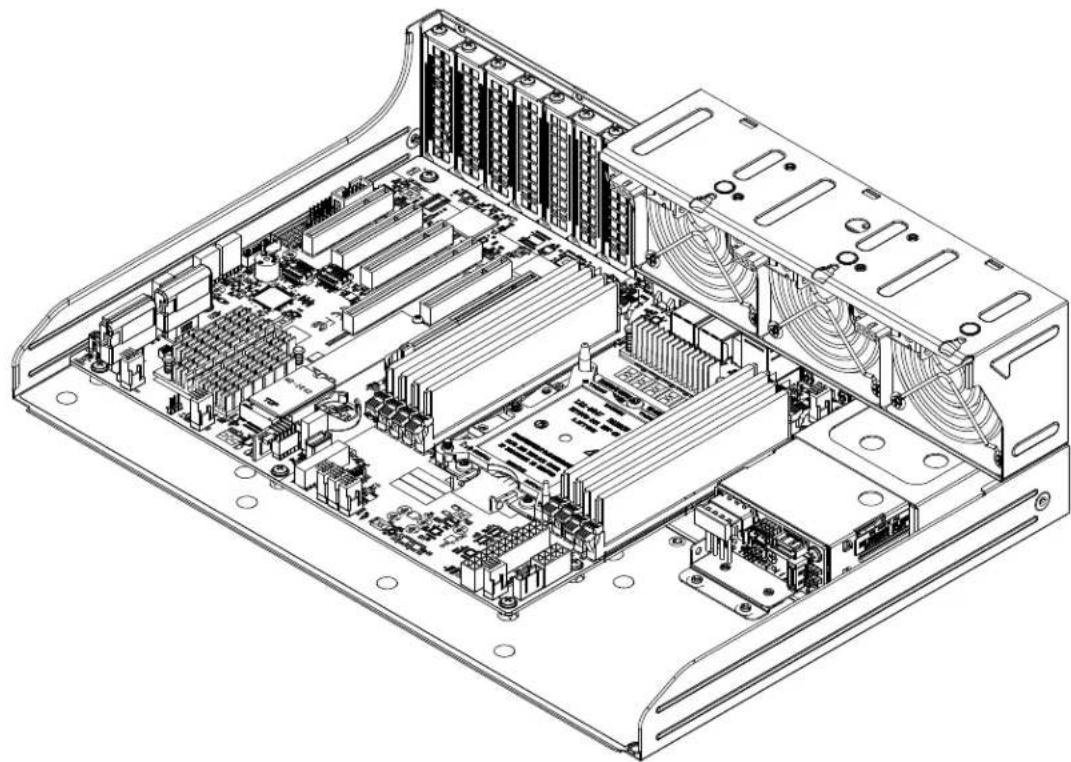 Technical line drawing of an internal computer drive bay with visible circuit boards, RAM slots, and ventilation ducts (no text or labels)