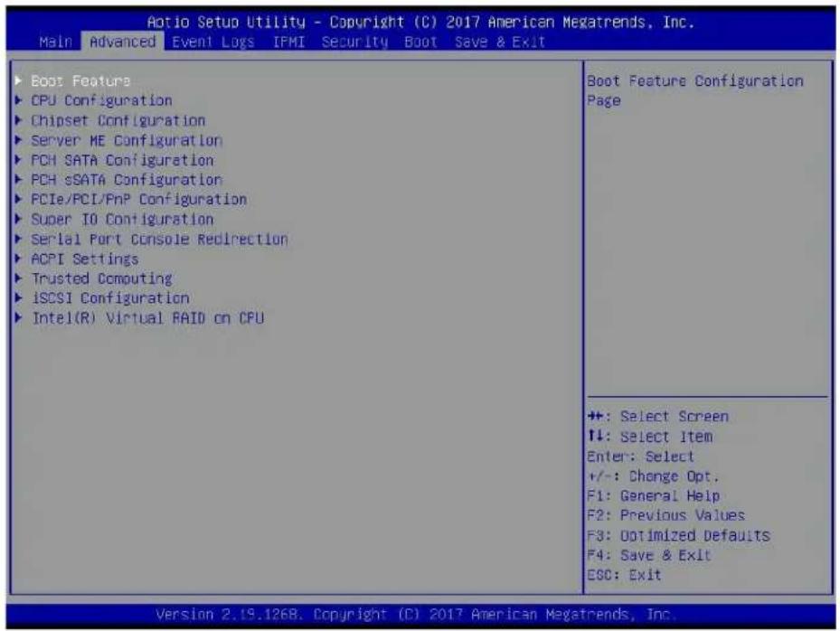 Aotio Setup Utility - Copyright (C) 2017 American Megatrends, Inc. Main Advanced Event Logs IPMI Security Boot Save & Exit ▶ Boot Features ▶ CPU Configuration ▶ Chipset Configuration ▶ Server ME Configuration ▶ PCH SATA Configuration ▶ PCH sSATA Configuration ▶ PCIe/PCI/PnP Configuration ▶ Super IO…
